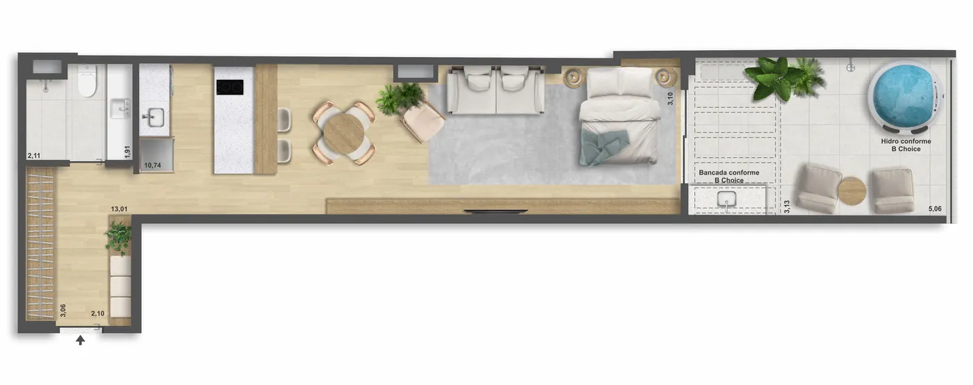 Planta da cobertura 1003 do Be in Rio Nascimento Silva 45, com 67,21 m² e terraço descoberto com hidro